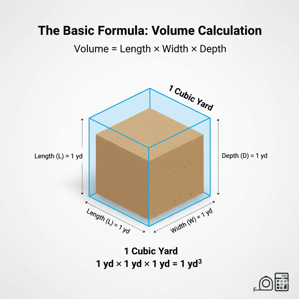 3D visualization of Length × Width × Depth cubic yard calculation