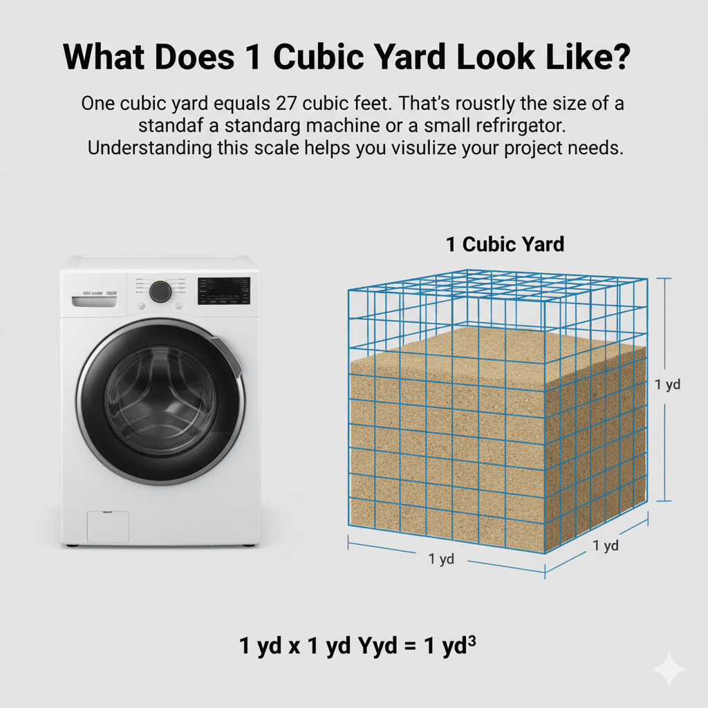 Scale comparison showing 1 cubic yard compared to a washing machine